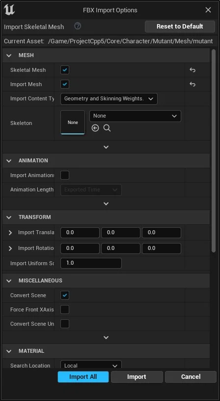 Figura: FBX import options.