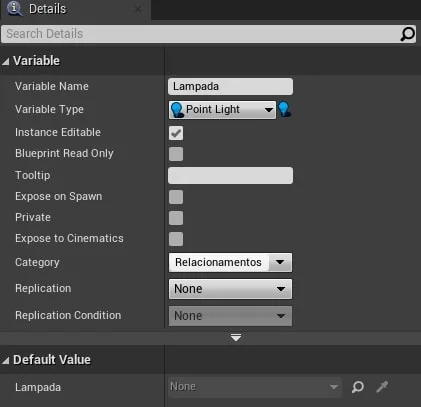 Figura: Propriedades do elemento PointLightComponent.