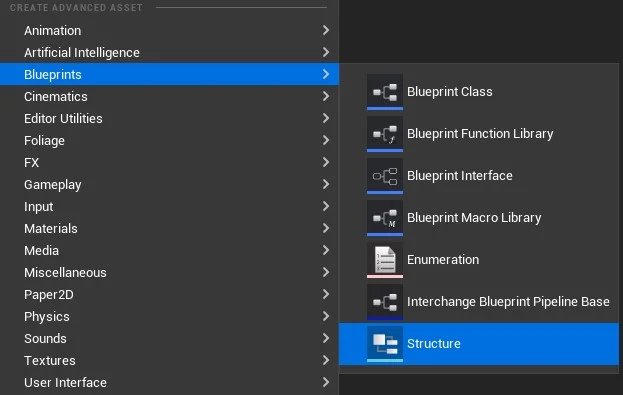 Figura: Menu de contexto Blueprints > Structure.