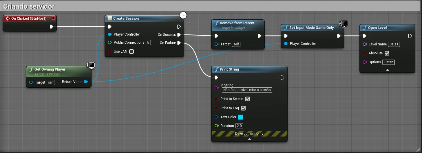 Figura: Multiplayer, Lógica Blueprint para criar uma conexão no servidor remoto.