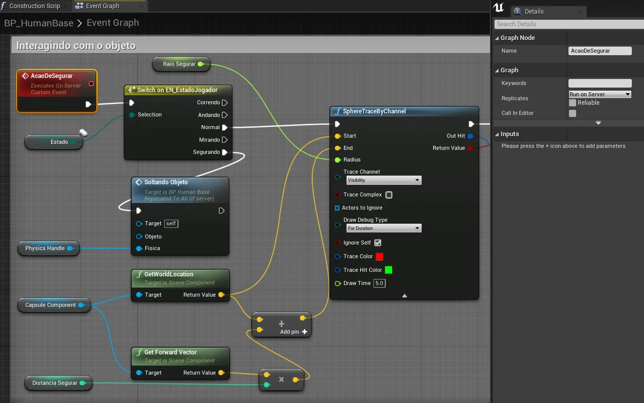 Figura: Multiplayer, Lógica Blueprint do evento AcaoDeSegurar.