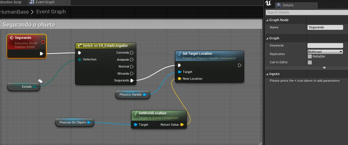 Figura: Multiplayer, Lógica Blueprint do evento para alterar a posição do objeto preso ao personagem.