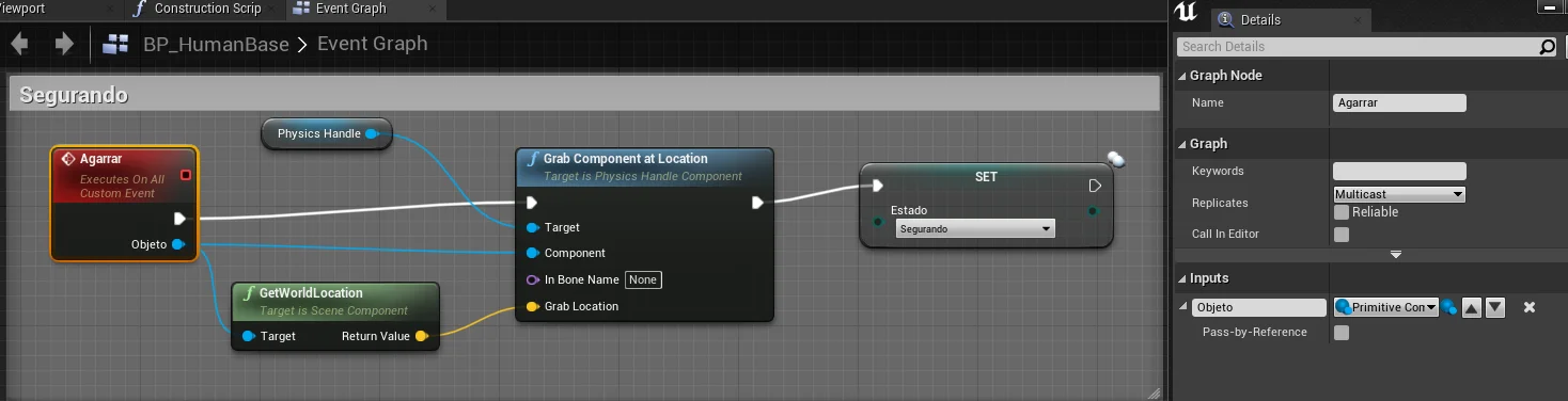 Figura: Multiplayer, Lógica Blueprint do evento para prender o objeto.