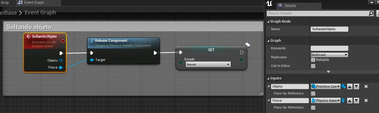 Figura: Multiplayer, Lógica Blueprint do evento para soltar o objeto.