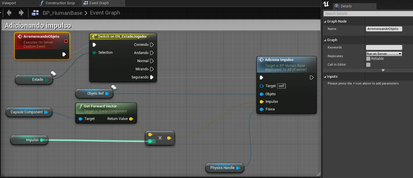 Figura: Multiplayer, Lógica Blueprint da ação que arremessa o objeto.