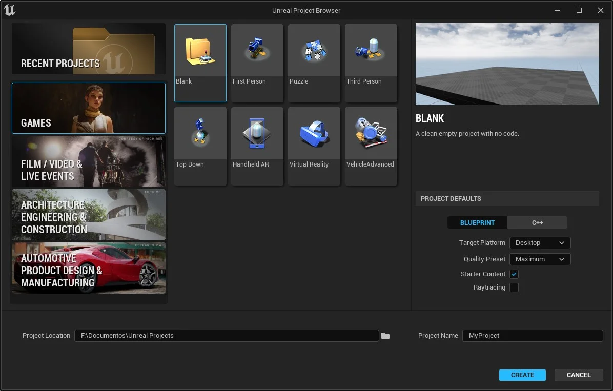 Figura: Unreal 5 - Select or create New Project, Games