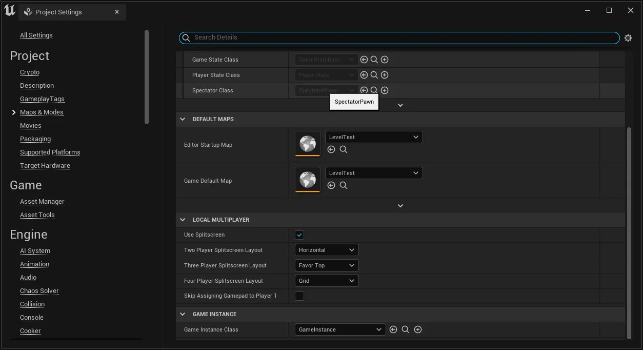 Figura: Project Settings > Maps & Modes.