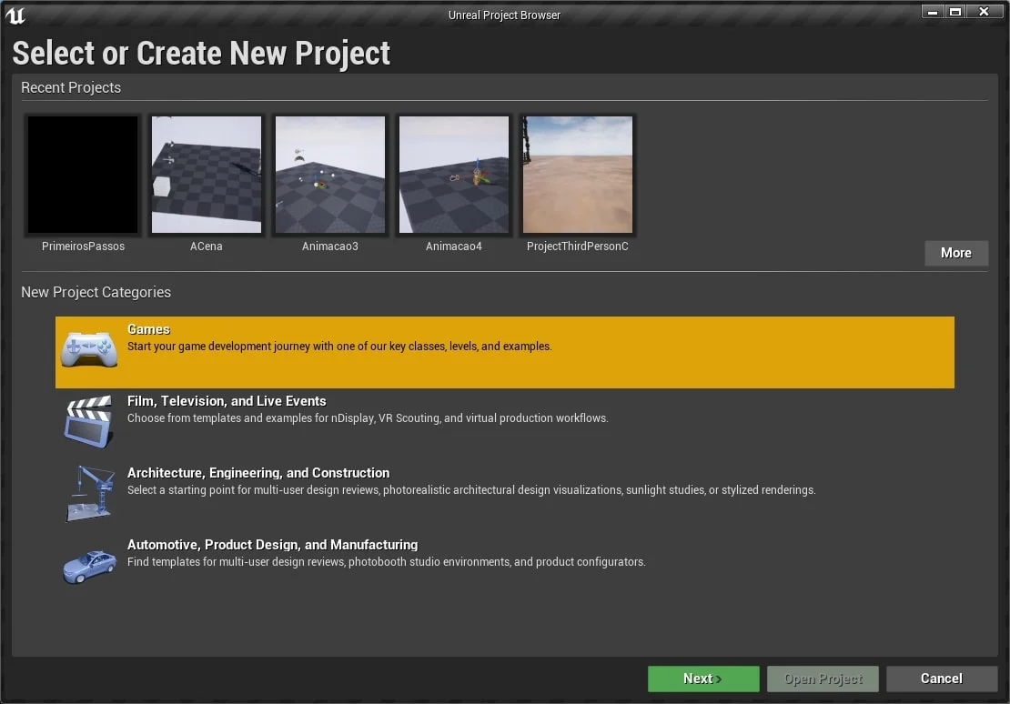 Figura: Unreal 4 - Select or create New Project, Games.