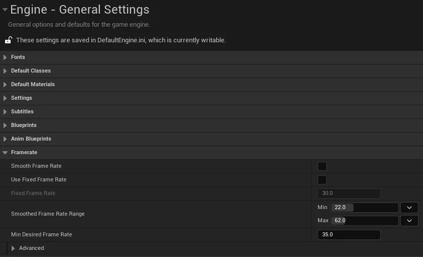 Figura: Unreal Engine - General Settings Frame Rate. 